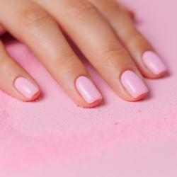 Feminine hand with pale pink varnish on pink background, symbolizing healthy, well-groomed nails.