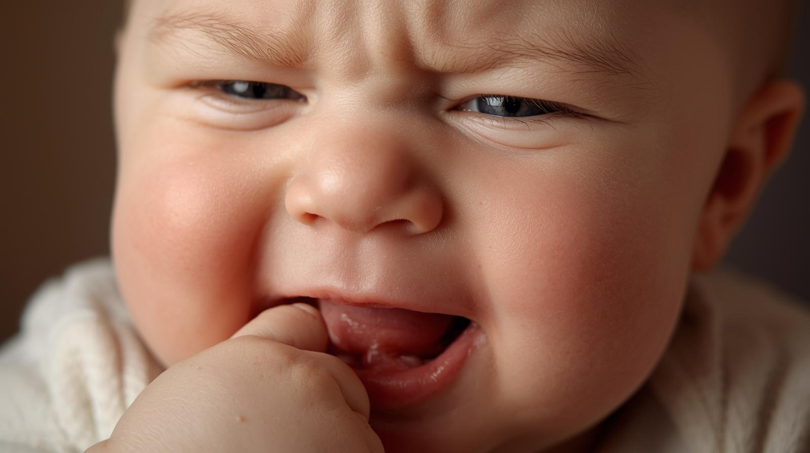 Grumpy baby putting his fingers in his mouth because he's teething