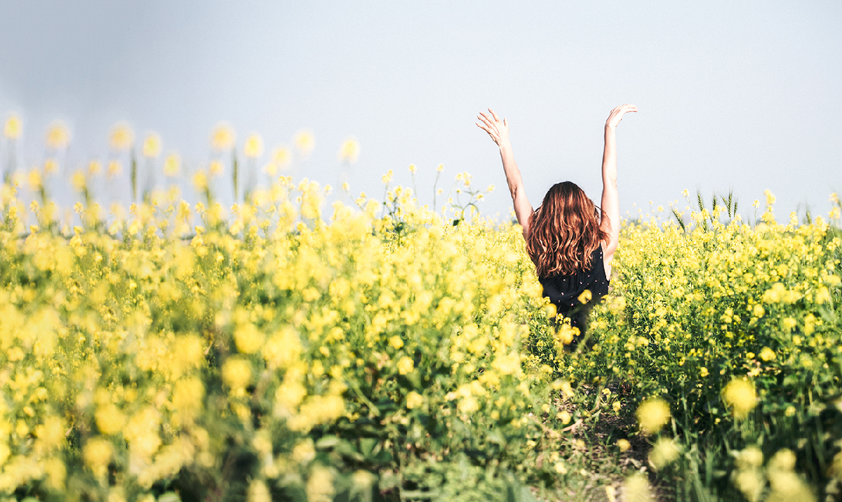 Découvrez Olisma, une nouvelle marque née de la fusion entre Goa & Sos aroma. L'image représente une femme les bras levés dans un champs de fleurs jaunes, célébrant la nature.