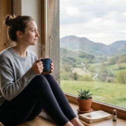 Femme sereine assise au bord d'une fenêtre avec une tasse de thé, regardant un paysage de collines verdoyantes. À ses côtés, un livre et une huile essentielle évoquent l'apaisement naturel de l'anxiété.