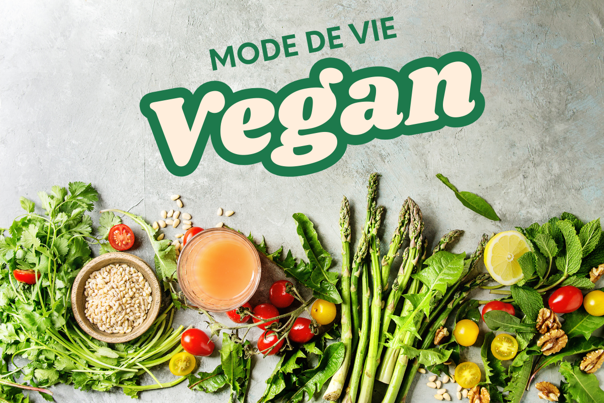 Image illustrating the vegan lifestyle with fresh vegetables, seeds and fruit, symbolising a balanced and healthy plant-based diet.