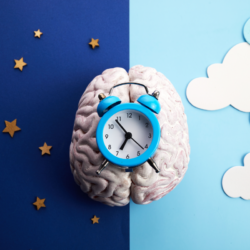 Melatonine L'harmonie du sommeil décodée. l'image représente un cerveau ainsi qu'un réveil avec des nuages et un ciel étoilé sur fond bleu