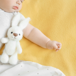 Découvrez les avantages et inconvénients de l'homéopathie pour les bébés. Une analyse complète des traitements naturels spécifiques pour les tout-petits, avec un regard sur l'efficacité et les précautions nécessaires. L'image représente un bébé endormi sur un drap jaune, avec un doudou lapin.