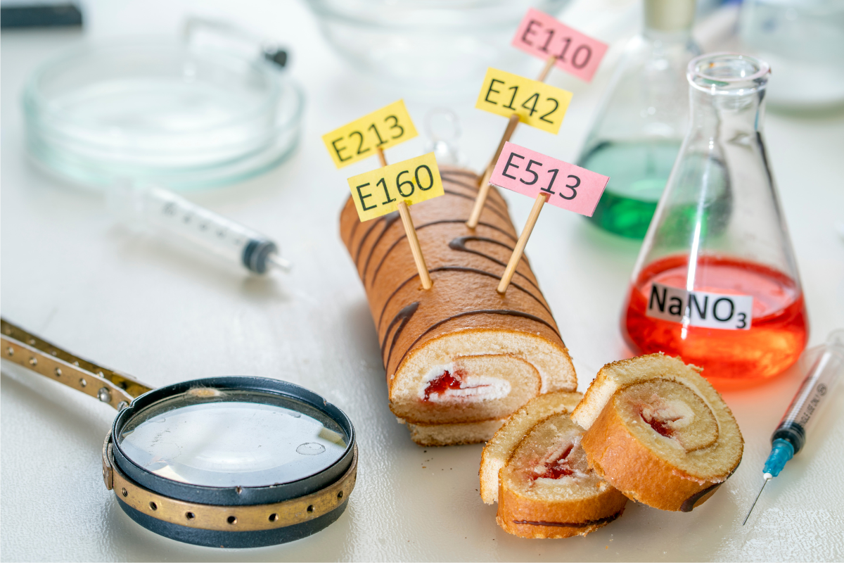 Industrial cake with labels indicating the presence of food additives (E110, E142, E160, E213, E513), surrounded by laboratory elements illustrating the health risks of emulsifiers.