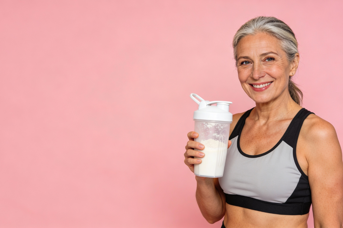 Femme ménopausée souriante tenant un shaker de créatine après une séance de sport, illustration du soutien musculaire et énergétique pendant la ménopause