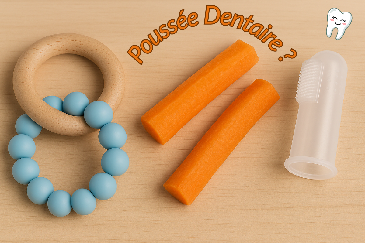 Wooden and silicone teething ring, carrot sticks and baby toothbrush on a light wood background, illustrating natural solutions to teething problems.