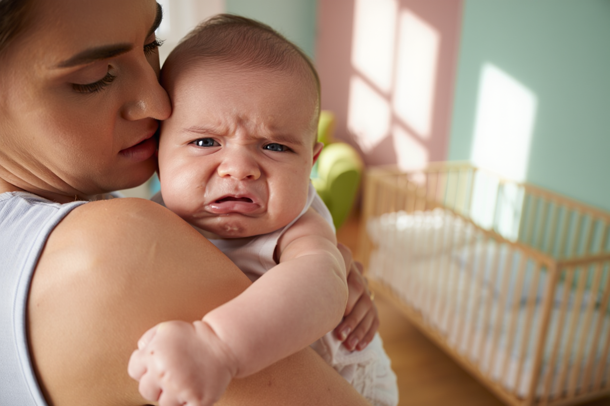 Bebé llorando en brazos de su madre, mostrando molestias o malestar digestivo, en una habitación luminosa con una cuna con barrotes al fondo.