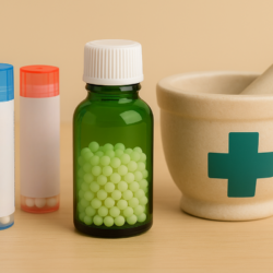 Fläschchen mit homöopathischen Granulaten und Apothekenstößel auf beigem Hintergrund, die die Sicherheit der in der Apotheke gekauften Behandlungen symbolisieren.