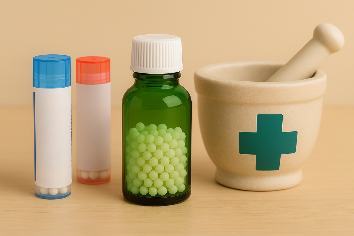 Frascos de grânulos homeopáticos e um pilão de farmácia sobre um fundo bege, simbolizando a segurança dos tratamentos comprados em farmácias.