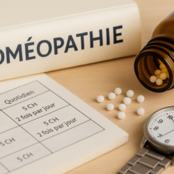 Granules homéopathiques, tableau de posologie, montre et livre sur l’homéopathie illustrant la fréquence d’administration des remèdes