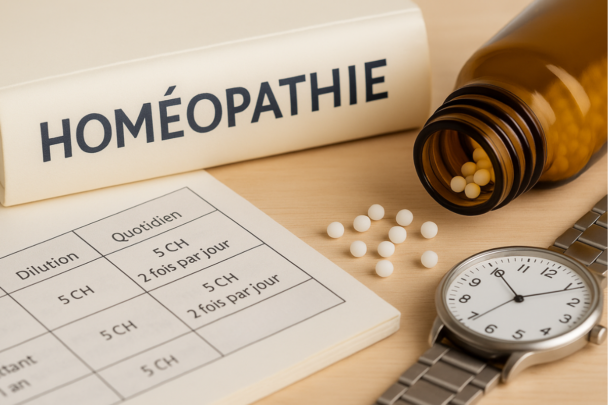Gránulos homeopáticos, tabla de dosificación, reloj y libro sobre homeopatía que ilustran la frecuencia de administración de los remedios.