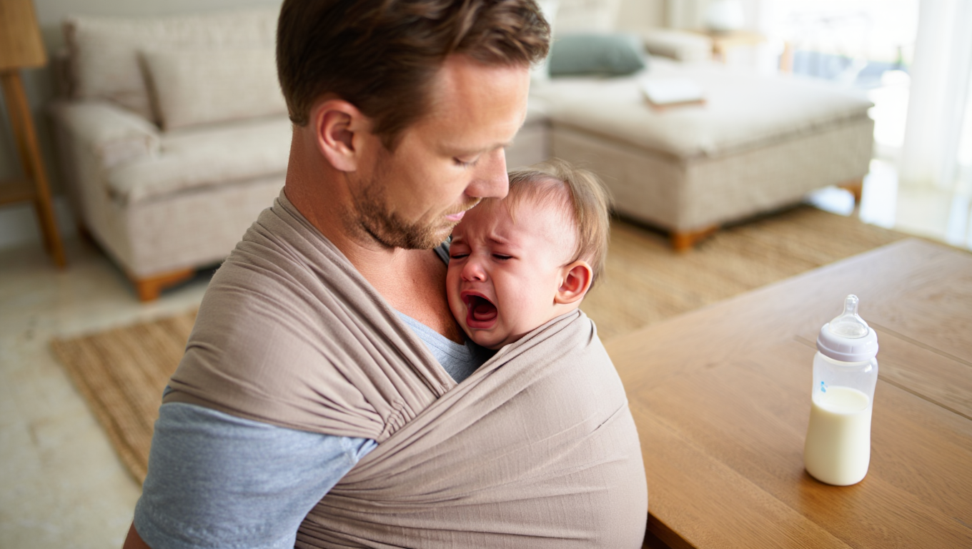 Un père porte et berce un bébé qui pleure pour le soulager d’une crise de coliques, avec un biberon posé sur la table à proximité.