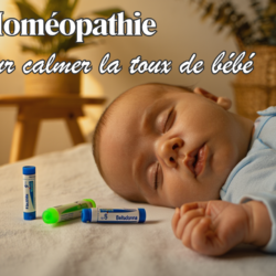 Baby schläft friedlich neben Tuben mit Belladonna-Homöopathie-Granulat zur Linderung von nächtlichem Husten.