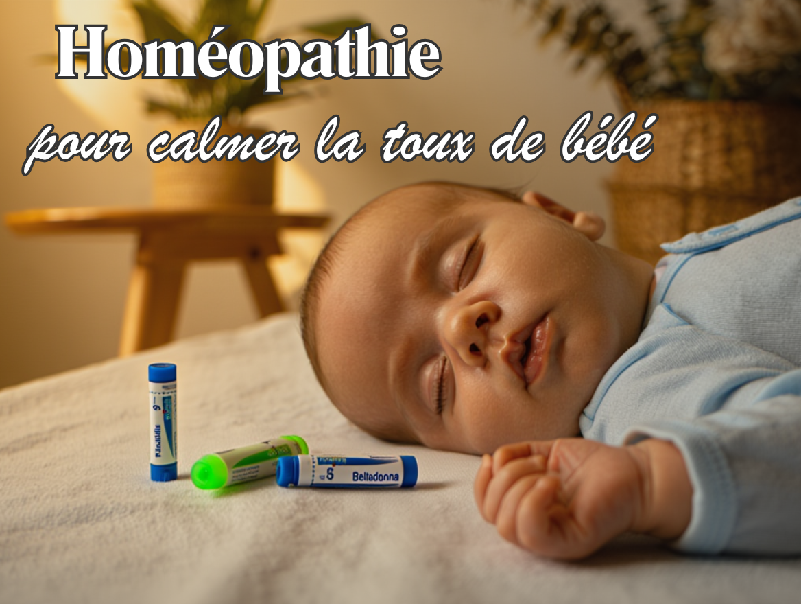 Bébé endormi paisiblement à côté de tubes de granules homéopathiques Belladonna pour soulager la toux nocturne