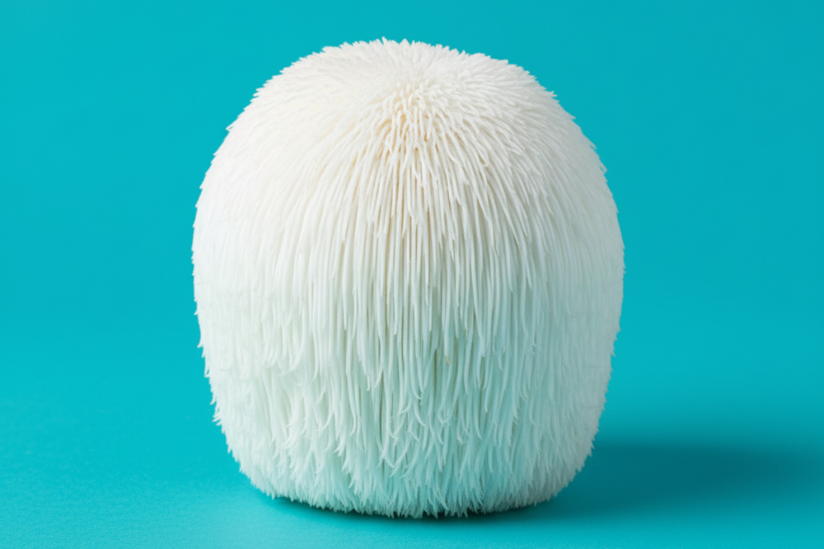 Champignon Lion’s Mane (Hericium erinaceus) frais, en forme de crinière blanche, utilisé en mycothérapie pour la cognition, la digestion et l’équilibre émotionnel.