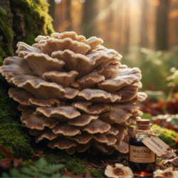 Gran hongo maitake creciendo al pie de un árbol en el bosque, con un frasco de extracto medicinal colocado junto a él.