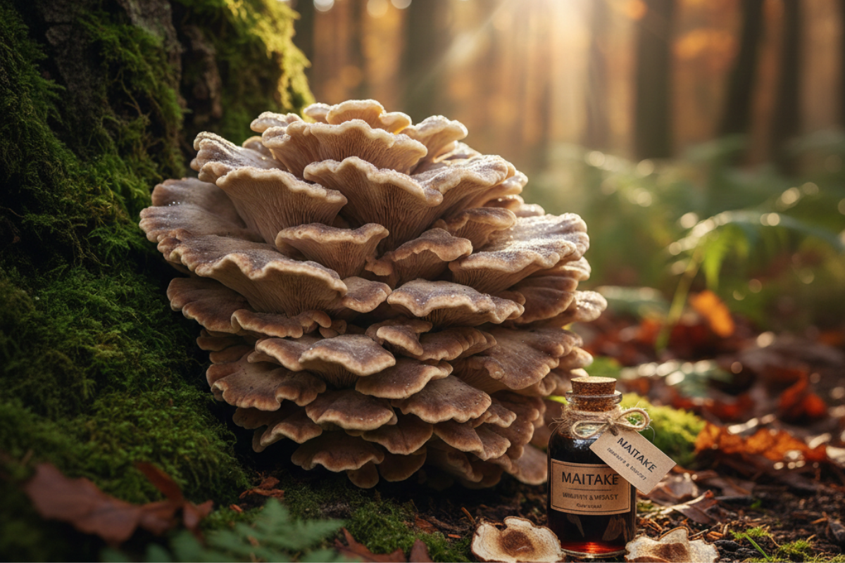 Grand champignon Maitake poussant au pied d’un arbre dans la forêt, avec un flacon d’extrait médicinal posé à côté.