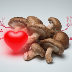 Champignon shiitaké posé sur fond clair avec un cœur rouge symbolisant ses bienfaits cardiovasculaires.