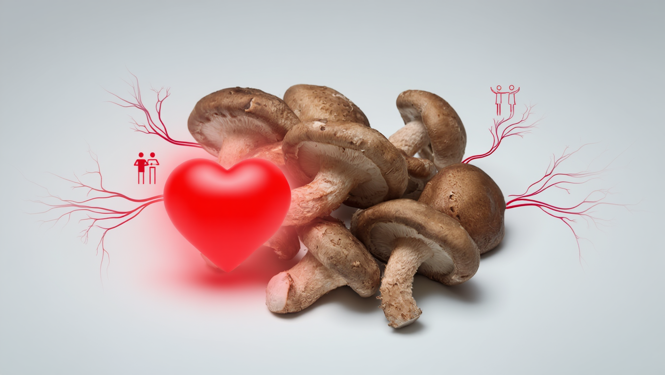 Shiitake-paddenstoel op een lichte achtergrond met een rood hart dat de cardiovasculaire voordelen symboliseert.