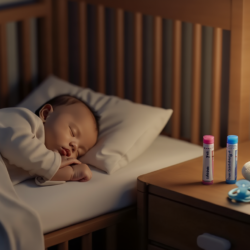 Bébé dormant dans son lit avec une lumière douce et deux tubes d’homéopathie posés sur la table de chevet.