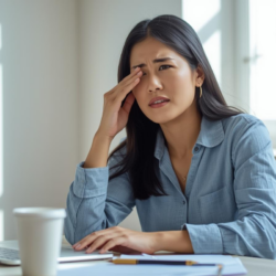 Femme ressentant une fatigue visuelle et un inconfort oculaire en travaillant sur ordinateur au bureau