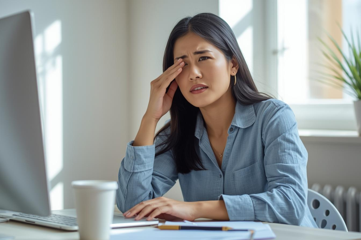 Femme ressentant une fatigue visuelle et un inconfort oculaire en travaillant sur ordinateur au bureau