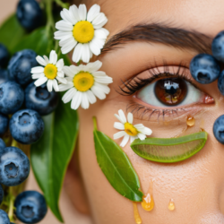Œil féminin illustrant les maladies des yeux, entouré de myrtilles, camomille et aloe vera, symboles de solutions naturelles pour la santé oculaire et l’apaisement des yeux sensibles