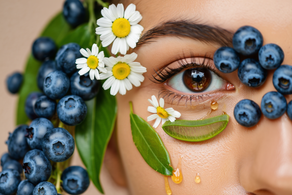 Œil féminin illustrant les maladies des yeux, entouré de myrtilles, camomille et aloe vera, symboles de solutions naturelles pour la santé oculaire et l’apaisement des yeux sensibles