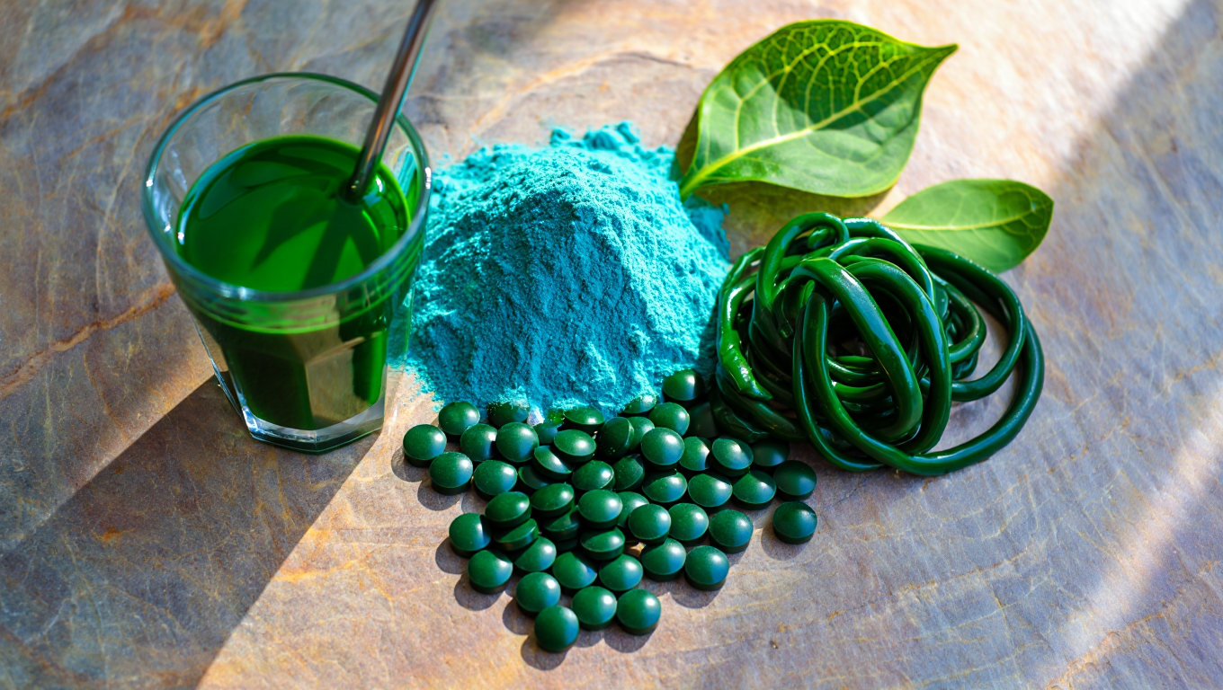 Spiruline en poudre, comprimés et boisson verte présentés sur une surface minérale, illustrant la spiruline disponible en pharmacie.