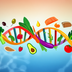 Illustrazione di una doppia elica di DNA circondata da alimenti ricchi di sostanze nutritive e antiossidanti come verdura, frutta, pesce e semi oleosi, che simboleggia il ruolo dell'alimentazione nella protezione cellulare e nella longevità.