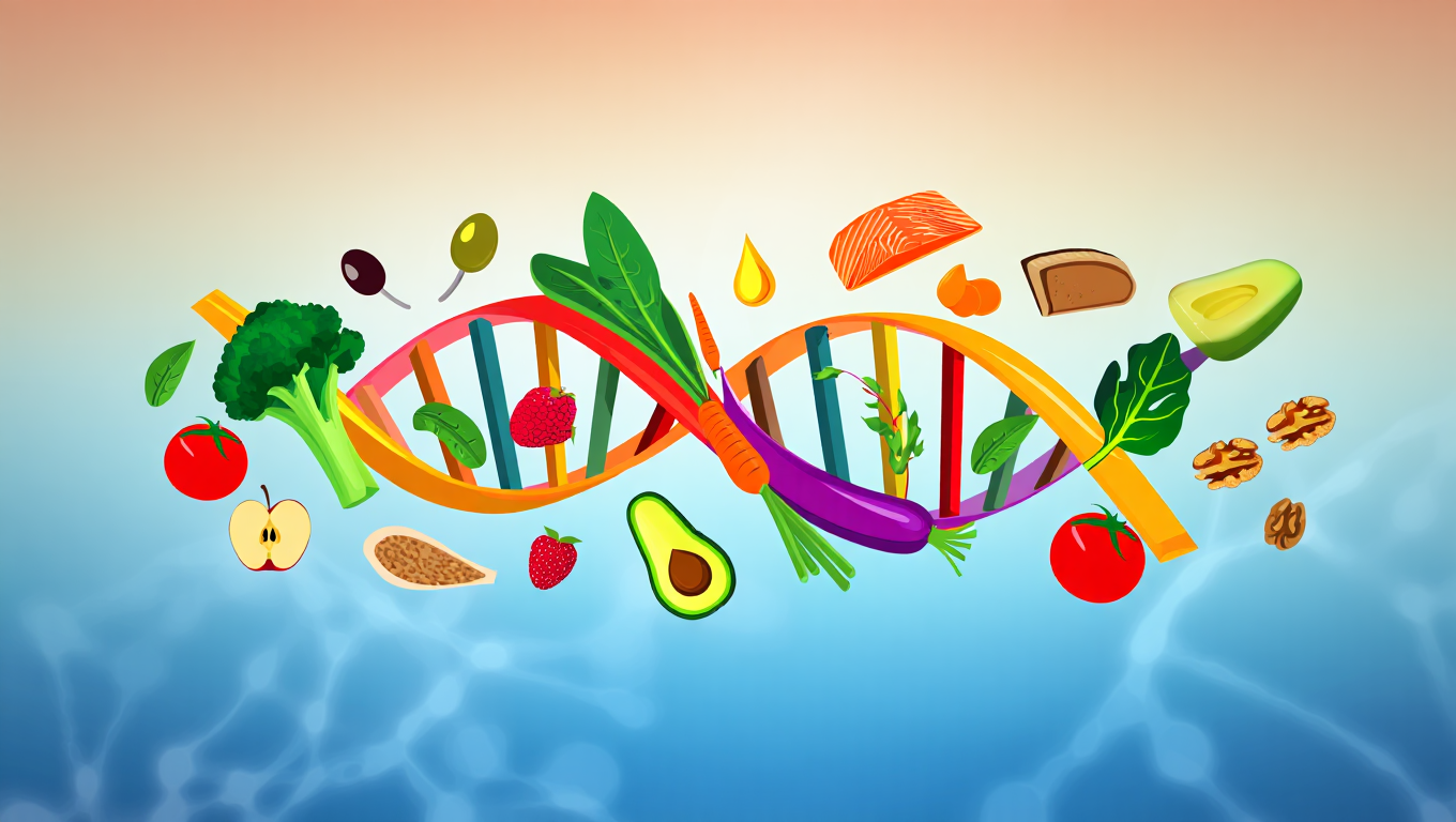 Illustration d’une double hélice d’ADN entourée d’aliments riches en nutriments et antioxydants comme légumes, fruits, poissons et oléagineux, symbolisant le rôle de l’alimentation dans la protection cellulaire et la longévité.