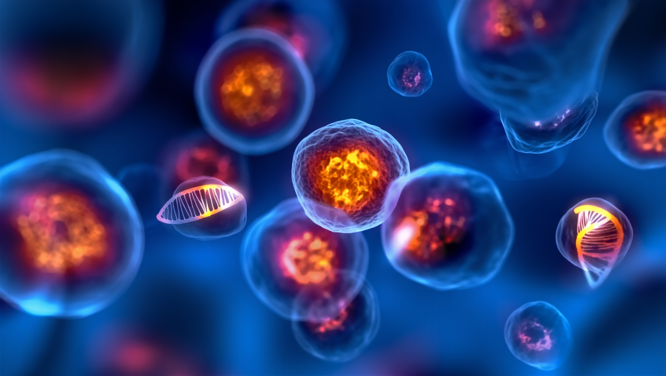 Illustration scientifique de cellules sénescentes montrant l’accumulation de cellules vieillissantes et les mécanismes biologiques associés à l’inflammation chronique et au vieillissement des tissus.