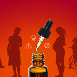 Danger huiles essentielles : illustration d’un flacon avec pipette et symboles de toxicité montrant les populations à risque (femme enceinte, enfant, personne âgée).