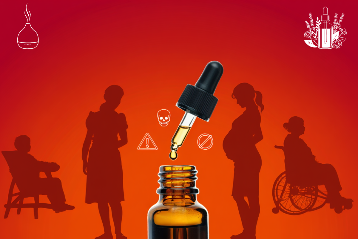 Danger huiles essentielles : illustration d’un flacon avec pipette et symboles de toxicité montrant les populations à risque (femme enceinte, enfant, personne âgée).