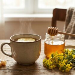 Composition visuelle paysagère sans texte montrant un arsenal de soins contre l'enrouement : une tasse de tisane fumante au citron, un pot de miel de thym avec une cuillère, un bundle d'herbes d'erysimum officinal, un tube d'homéopathie et un flacon compte-gouttes sur une table en bois.