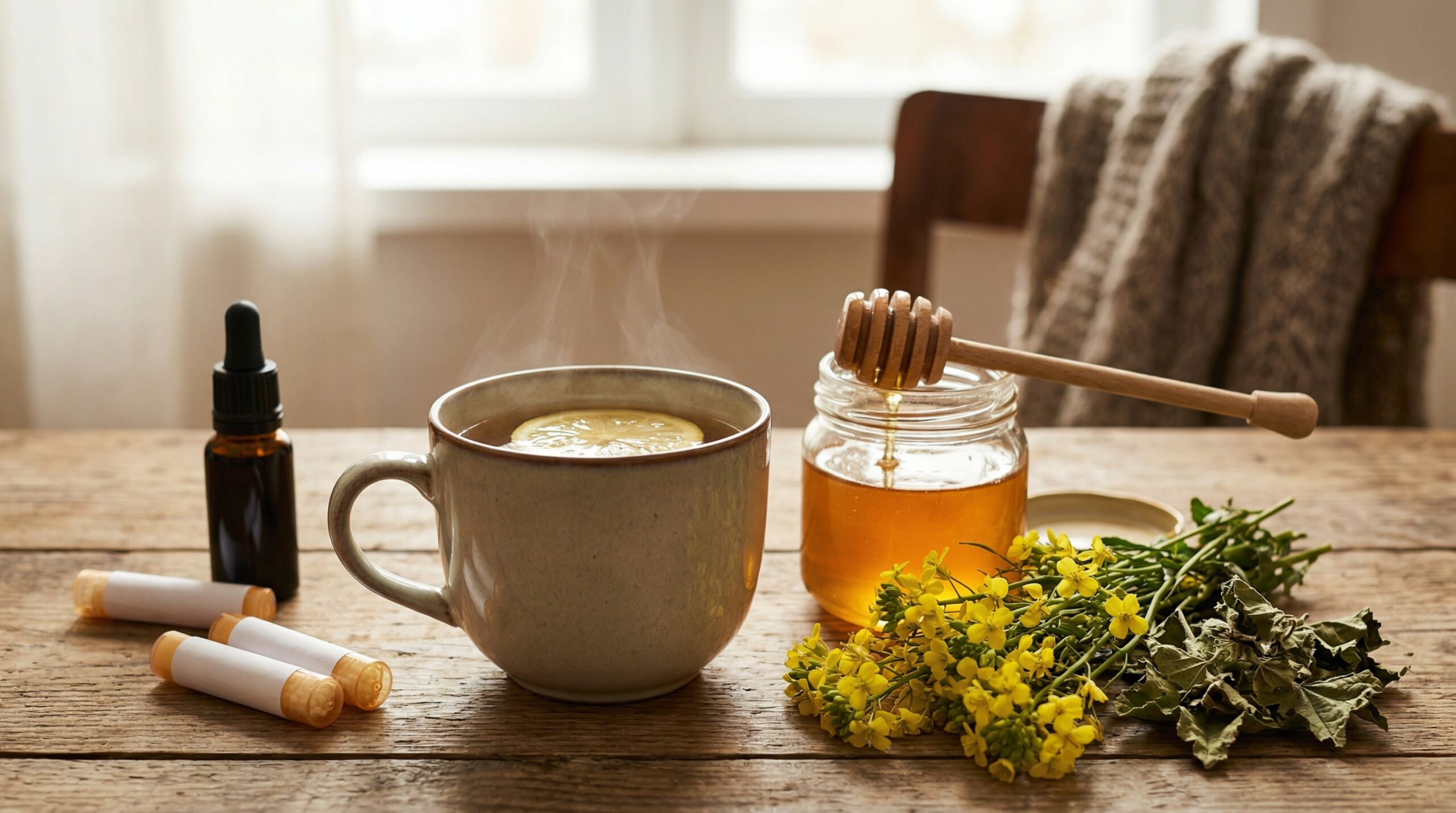 Composition visuelle paysagère sans texte montrant un arsenal de soins contre l'enrouement : une tasse de tisane fumante au citron, un pot de miel de thym avec une cuillère, un bundle d'herbes d'erysimum officinal, un tube d'homéopathie et un flacon compte-gouttes sur une table en bois.