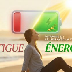 Infographie montrant une femme se ressourçant au soleil avec une icône de batterie qui se recharge de "Fatigue" vers "Énergie" grâce à la vitamine D3.