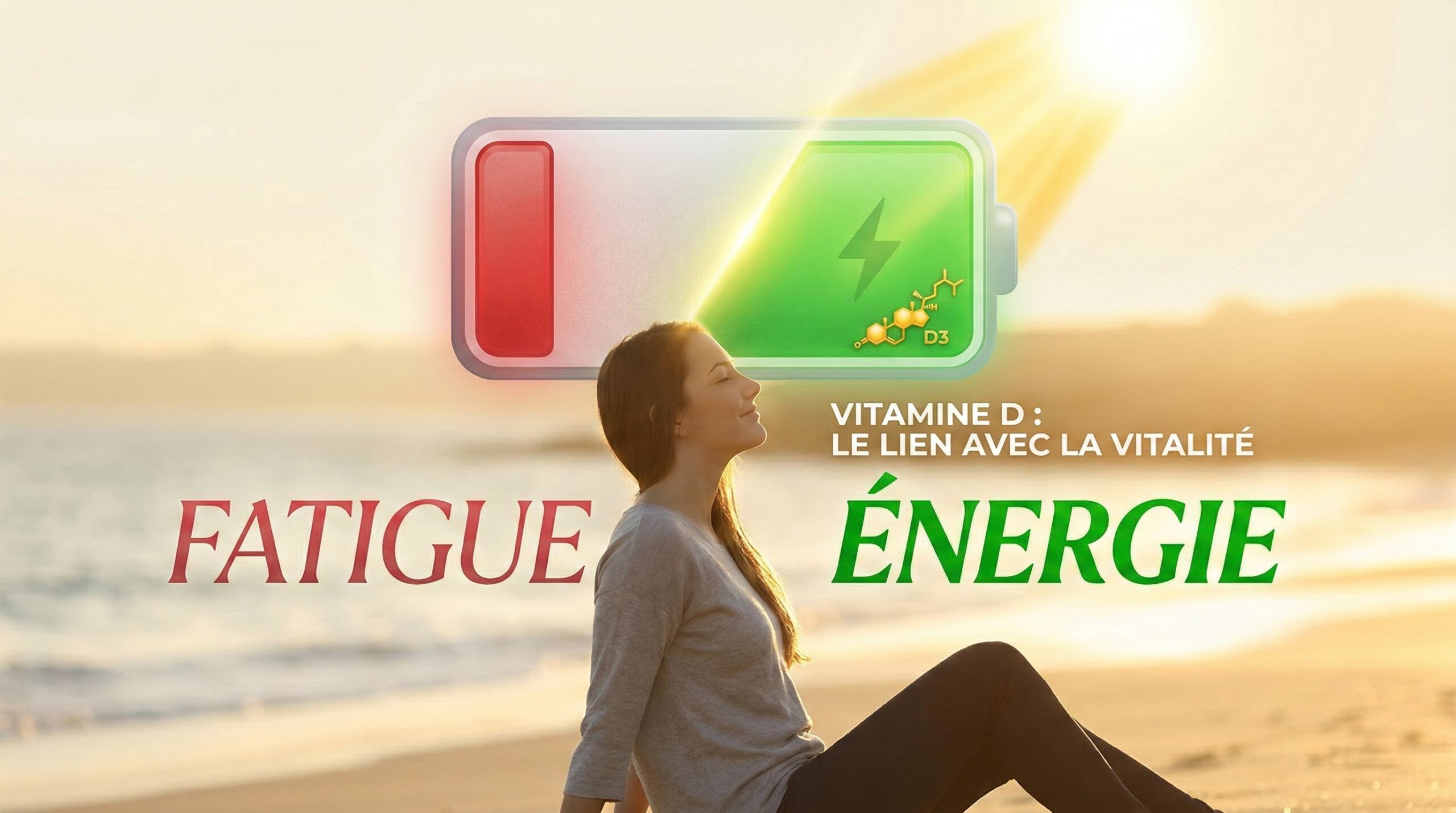 Infographie montrant une femme se ressourçant au soleil avec une icône de batterie qui se recharge de "Fatigue" vers "Énergie" grâce à la vitamine D3.