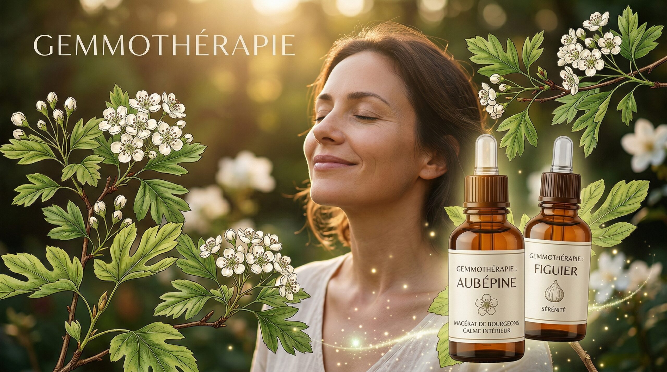 Femme sereine aux yeux fermés entourée de bourgeons d'aubépine et de figuier avec deux flacons de gemmothérapie.