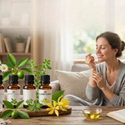 Femme relaxée respirant le parfum d'une huile essentielle sur son poignet, avec des flacons de lavande et camomille sur une table en bois.