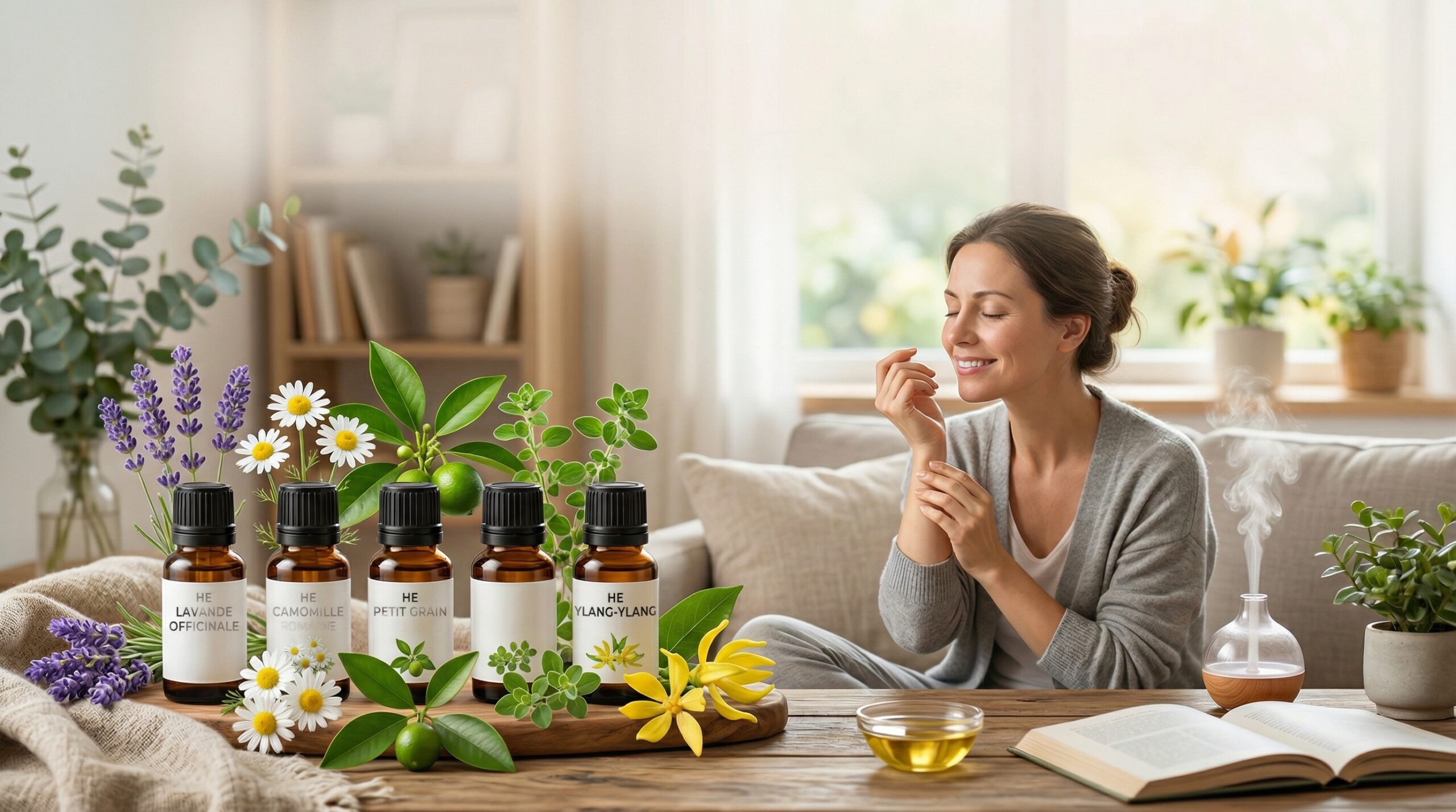 Femme relaxée respirant le parfum d'une huile essentielle sur son poignet, avec des flacons de lavande et camomille sur une table en bois.