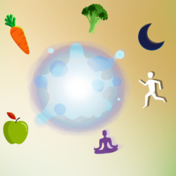 Illustration de la santé cellulaire montrant l’impact du mode de vie : alimentation riche en légumes et fruits, activité physique, sommeil et gestion du stress favorisant la longévité et la régénération cellulaire.