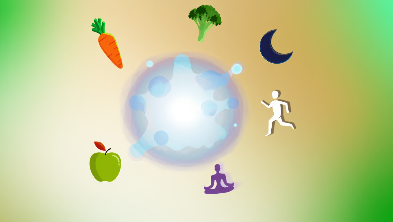 Illustration de la santé cellulaire montrant l’impact du mode de vie : alimentation riche en légumes et fruits, activité physique, sommeil et gestion du stress favorisant la longévité et la régénération cellulaire.