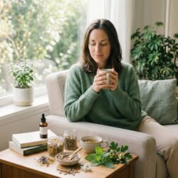 Une femme sereine portant un pull vert est assise dans un fauteuil, tenant une tasse de tisane. Sur une table en bois devant elle, on voit des pots de plantes médicinales séchées, une tasse de thé, des herbes fraîches et un flacon de teinture mère.