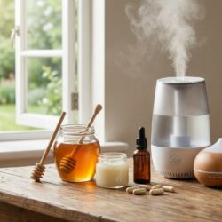 Composition visuelle paysagère sans texte montrant un arsenal de prévention contre l'angine : humidificateur d'air, diffuseur d'huiles essentielles, pots de miel et gelée royale, gélules de compléments et spray nasal sur une table en bois.