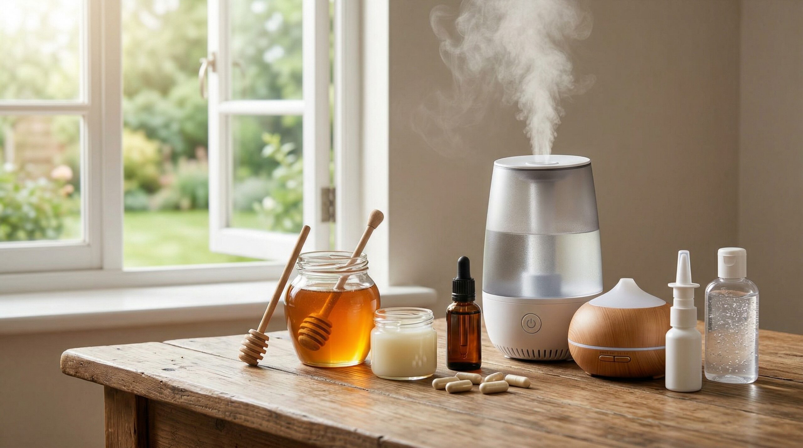 Composition visuelle paysagère sans texte montrant un arsenal de prévention contre l'angine : humidificateur d'air, diffuseur d'huiles essentielles, pots de miel et gelée royale, gélules de compléments et spray nasal sur une table en bois.