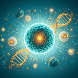 Ilustración científica de la senescencia celular que muestra una célula envejecida rodeada de ADN y estructuras moleculares implicadas en el estrés oxidativo y el acortamiento de los telómeros.