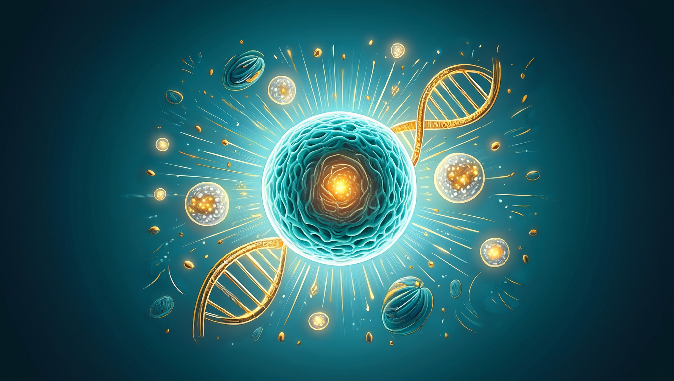 Illustration scientifique de la sénescence cellulaire montrant une cellule vieillissante entourée d’ADN et de structures moléculaires impliquées dans le stress oxydatif et le raccourcissement des télomères.
