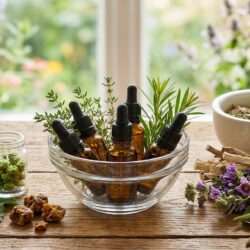 Composition visuelle paysagère sans texte montrant des remèdes naturels ORL : flacons d'huiles essentielles, plantes séchées (mauve, guimauve), mortier et bourgeons de gemmothérapie sur une table en bois.