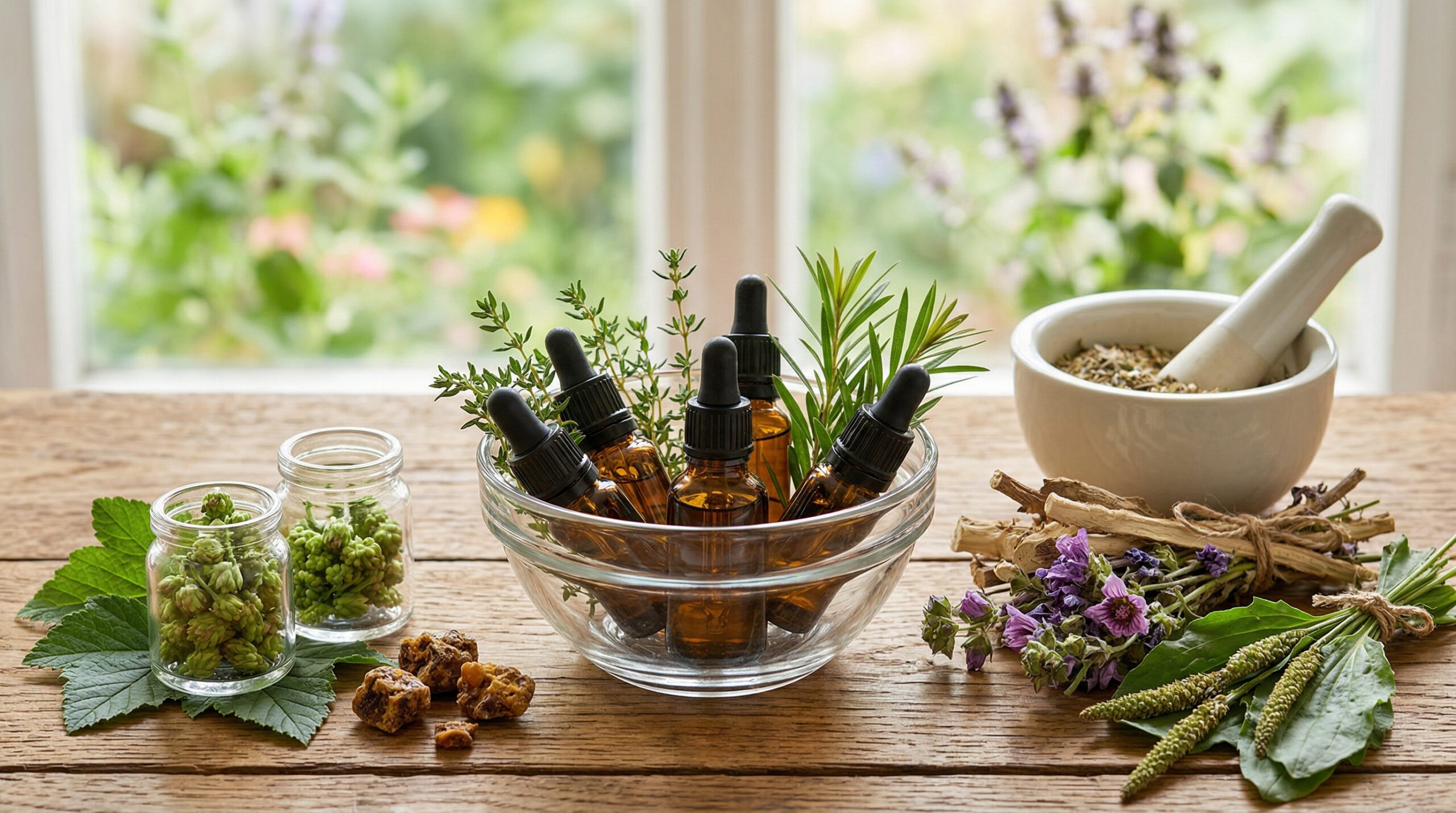 Composition visuelle paysagère sans texte montrant des remèdes naturels ORL : flacons d'huiles essentielles, plantes séchées (mauve, guimauve), mortier et bourgeons de gemmothérapie sur une table en bois.